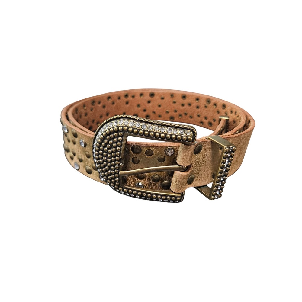 Arizona Jean Co‎ Full Grain Cowhide Y2K Studded Western Belt Rhinestone Buckle L